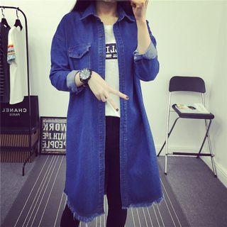 Fray Long-sleeve Long Denim Blouse