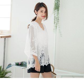 V-neck Lace Panel Top White - F