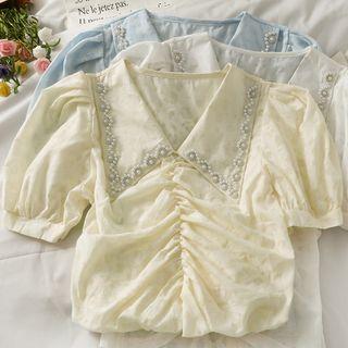 Dip-back Pearl-trim Ruched Crop Blouse