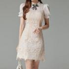 Puff-sleeve Embellished Lace Mini Sheath Dress