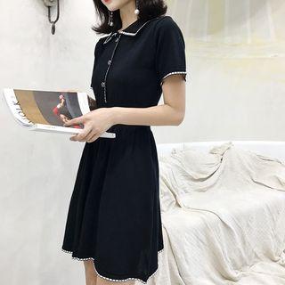 Collared Short-sleeve Knitted A-line Dress Black - One Size