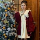 Long-sleeve Wide Collar Fluffy Trim A-line Dress / Cardigan