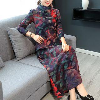 Long-sleeve Leaf Print Maxi A-line Dress