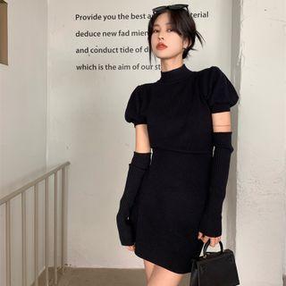 Set: Puff-sleeve Mini Sheath Dress + Arm Sleeves