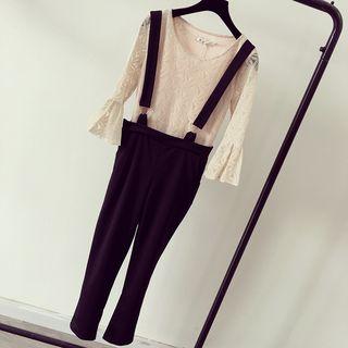Set: Lace 3/4 Sleeve Top + Pinafore Cropped Pants