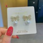 Bow Faux Pearl Dangle Earring G1152 - 1 Pair - White Faux Pearl - Gold - One Size
