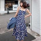 Wide Strap Floral Print Midi A-line Dress White Daisy - Blue - One Size