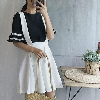 Set: Striped Short Sleeve Chiffon T-shirt + Plain Suspender Flared Skirt