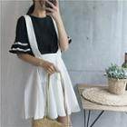Set: Striped Short Sleeve Chiffon T-shirt + Plain Suspender Flared Skirt
