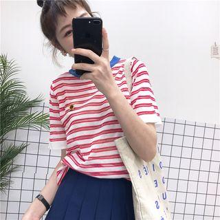 Elbow-sleeve Contrast Trim Striped T-shirt