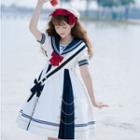 Set: Short-sleeve Sailor Collar A-line Dress + Sash + Bow