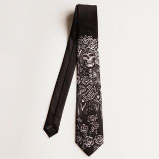 Skull Print Neck Tie Skull & Rose - Black - 7cm