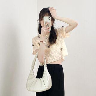 Round-neck Embroider Floral Lace Bow Knit Top Beige - One Size