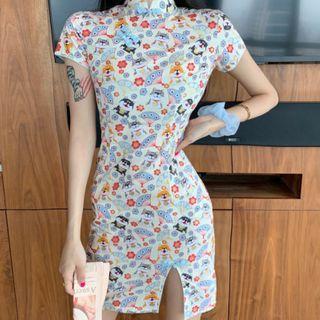 Short-sleeve Flower Print Qipao