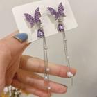 Rhinestone Butterfly Drop Sterling Silver Ear Stud 1 Pair - A294 - Purple - Silver - One Size