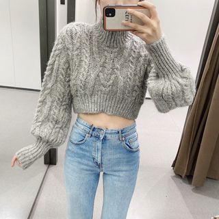 High Neck Puff Sleeve Cable Knit Cropped Sweater