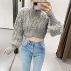 High Neck Puff Sleeve Cable Knit Cropped Sweater