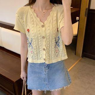 Scallop-hem Crochet-knit Embroidered Short-sleeve Cardigan Almond - One Size
