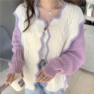 Color Block Wavy Edge Cardigan Purple - One Size