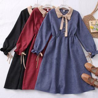 Patchwork Ribbon-neckline A-line Midi Dress In 6 Colors
