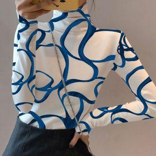 Mock-neck Long-sleeve Printed T-shirt