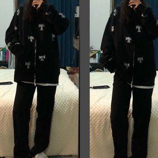 Rhinestone Zip-up Hooded Jacket