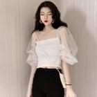 Mesh Panel Puff-sleeve Smocked Cropped Top