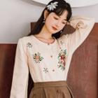Flower Embroidered Cardigan / High-waist Midi A-line Skirt