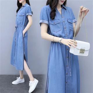 Short-sleeve Striped Trim Midi Denim Shirt Dress