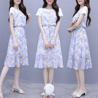 Mock Two-piece Short-sleeve Leaf Pattern A-line Dress