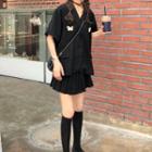 Short-sleeve Embroidered Shirt / Mini A-line Pleated Skirt