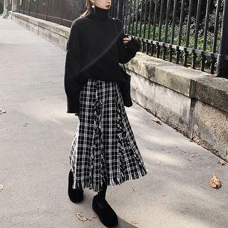 Plain Turtleneck Sweater / Plaid Fringed Trim Midi A-line Skirt / Set