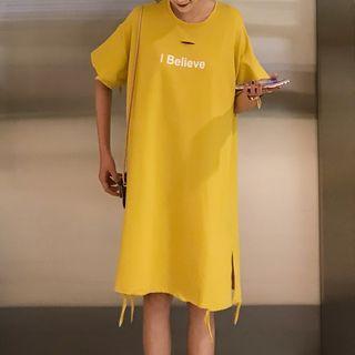 Lettering Elbow-sleeve Distressed T-shirt Dress