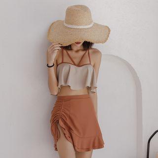 Set: Cut-out Tankini Top + Swim Shorts + Drawstring Swim Skirt