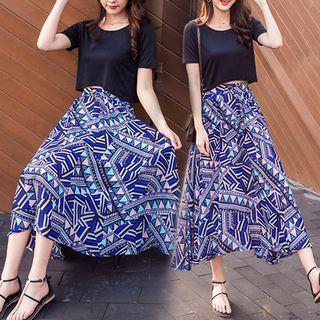 Set: Short-sleeve Top + Print Maxi Skirt