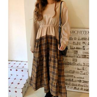 Band-waist Plaid-panel Dress
