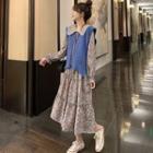 Long-sleeve Floral Dress / Cable Knit Vest