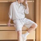 Short Sleeve Waffle Polo Shirt / Drawstring Wide Leg Sweatpants