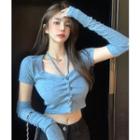 Cropped Drawstring Halter T-shirt With Sleeves Blue - One Size