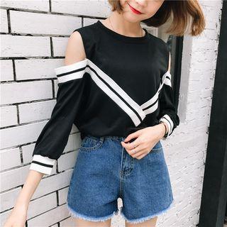 Contrast Trim 3/4-sleeve Cold Shoulder T-shirt