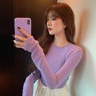Long-sleeve Plain T-shirt Purple - One Size