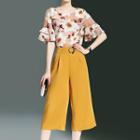 Set: Floral Print Elbow Sleeve Chiffon Top + Plain Culottes