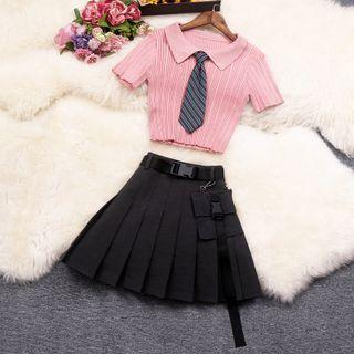 Set: Short-sleeve Ribbed Polo Knit Top + Buckled A-line Skirt