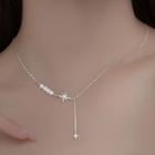 Star Rhinestone Faux Pearl Pendant Sterling Silver Necklace Silver - One Size