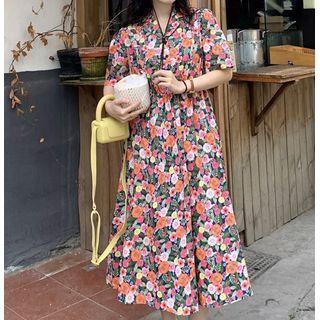 Short-sleeve Floral Midi A-line Dress Floral - Pink - One Size