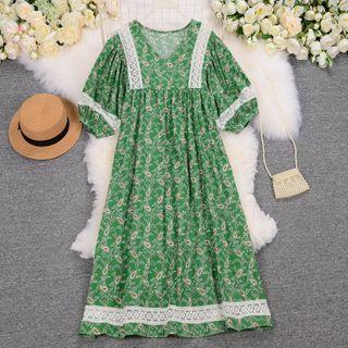 Puff-sleeve Wide Floral Dress