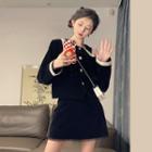 Long Sleeve Contrast Trim Jacket / Plain Lace Panel Mini Skirt