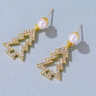 Faux Pearl Rhinestone Tree Dangle Earring 01#12368 - Gold - One Size