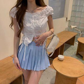 Off-shoulder Ruffled Blouse / Pleated A-line Skirt