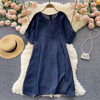 Round-neck Plain Short-sleeve Dress Dark Blue - One Size